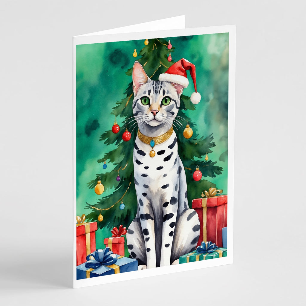 Egyptian Mau Cat By the Christmas Tree Greeting Cards Pack of 8 Blank Cards with Envelopes Whimsical A7 Size 5x7