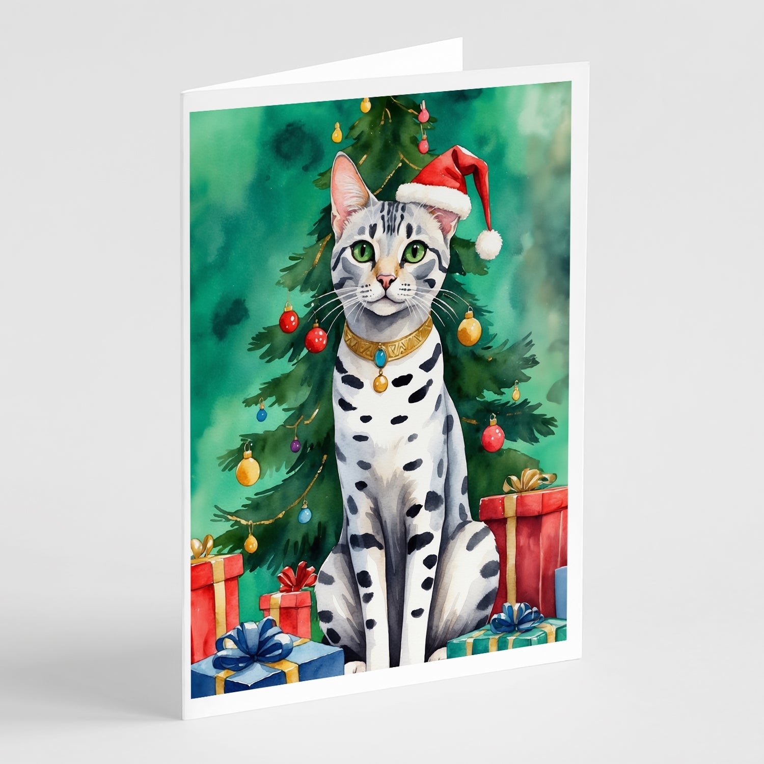 Egyptian Mau Cat By the Christmas Tree Greeting Cards Pack of 8 Blank Cards with Envelopes Whimsical A7 Size 5x7