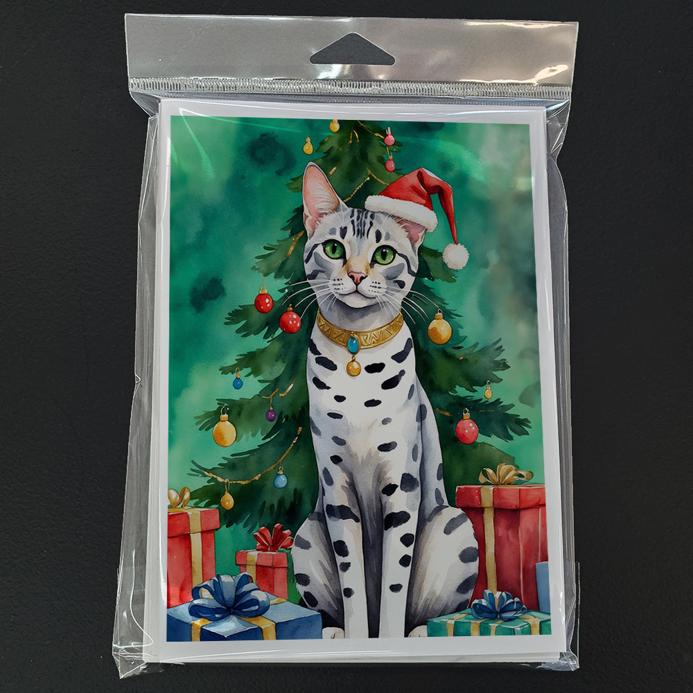Egyptian Mau Cat By the Christmas Tree Greeting Cards Pack of 8 Blank Cards with Envelopes Whimsical A7 Size 5x7