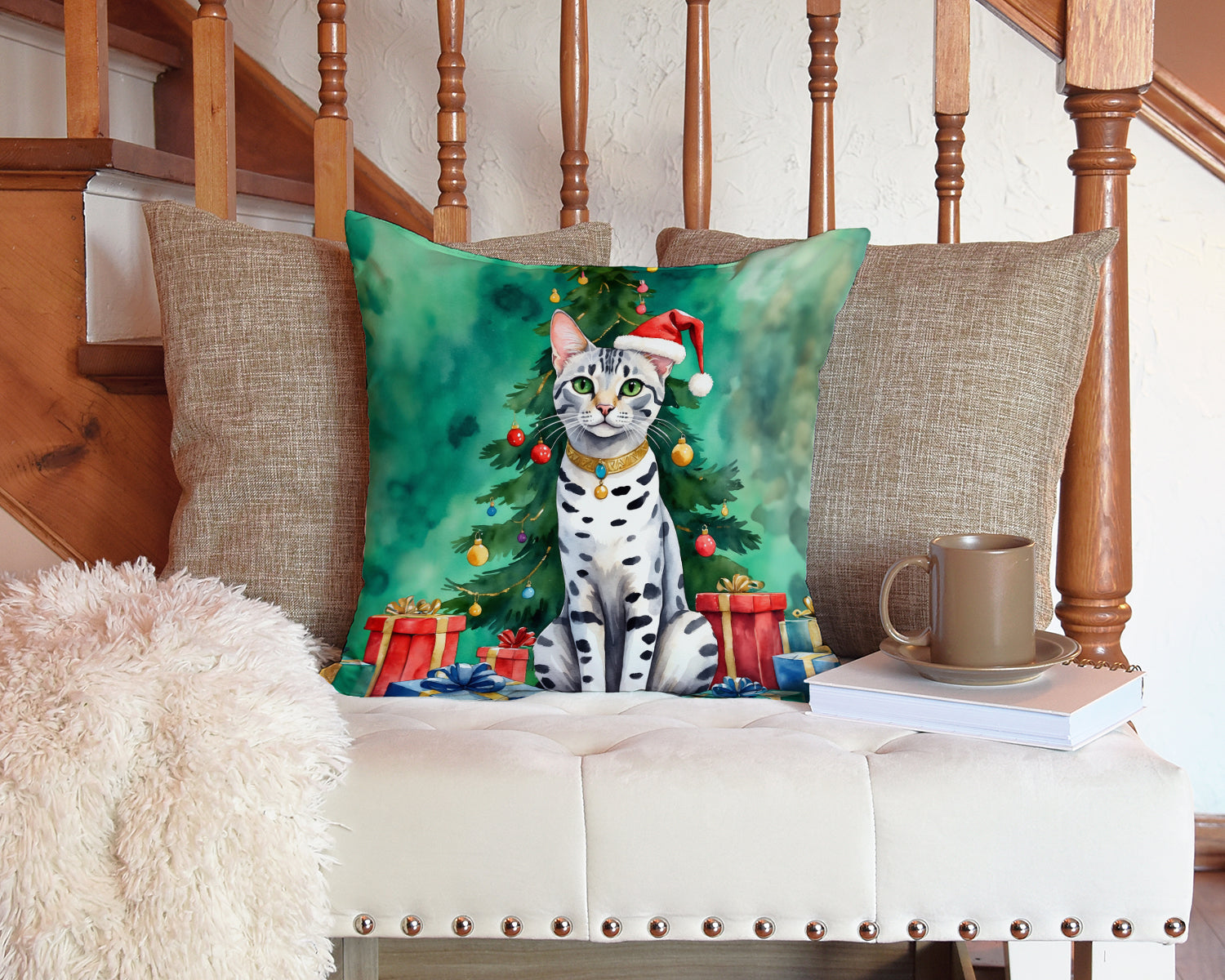 Egyptian Mau Cat By the Christmas Tree Decorative Throw Pillow 14x14 Indoor Outdoor Accent Cushion, Fabric Cover with Insert for Sofa, Bed, Porch & Living Room