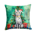 Egyptian Mau Cat By the Christmas Tree Decorative Throw Pillow 14x14 Indoor Outdoor Accent Cushion, Fabric Cover with Insert for Sofa, Bed, Porch & Living Room