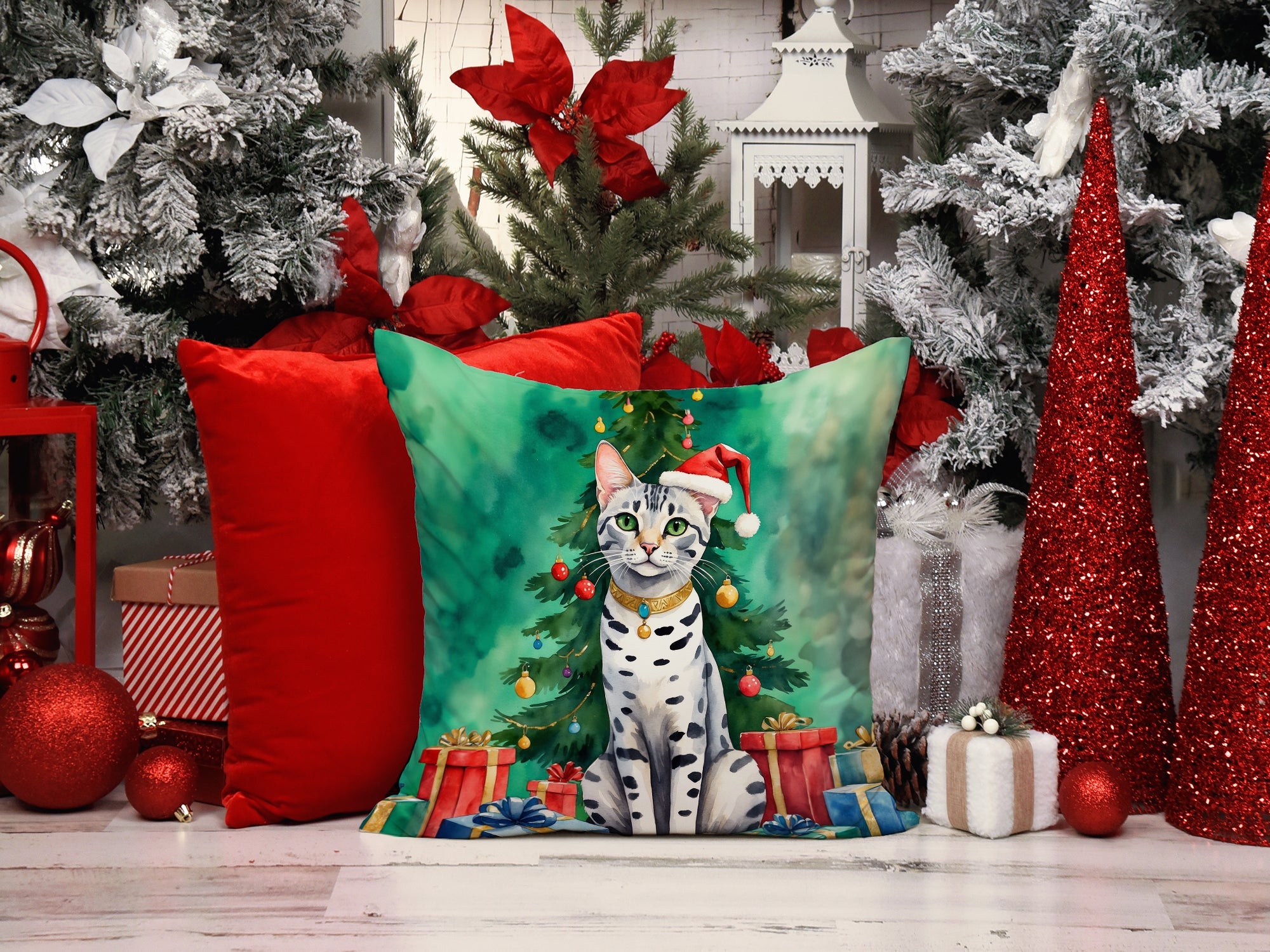 Egyptian Mau Cat By the Christmas Tree Decorative Throw Pillow 18x18 Indoor Outdoor Accent Cushion, Fabric Cover with Insert for Sofa, Bed, Porch & Living Room