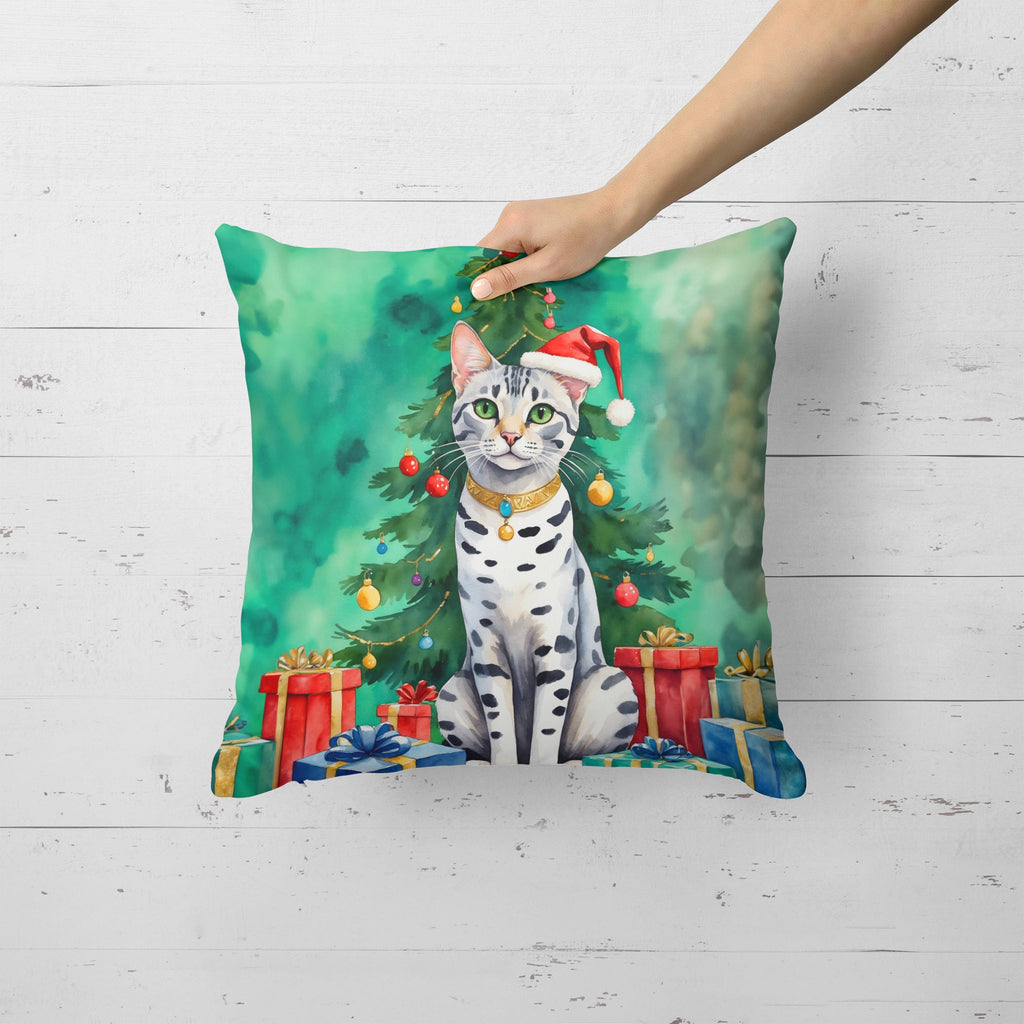 Egyptian Mau Cat By the Christmas Tree Decorative Throw Pillow 18x18 Indoor Outdoor Accent Cushion, Fabric Cover with Insert for Sofa, Bed, Porch & Living Room