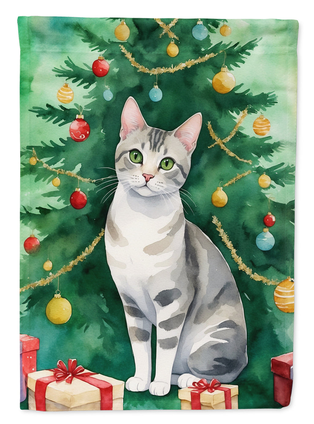 European Shorthair Cat By the Christmas Tree House Flag 28x40 Porch Sleeve Pole Decorative Outside Yard Banner Artwork Wall Hanging, Polyester