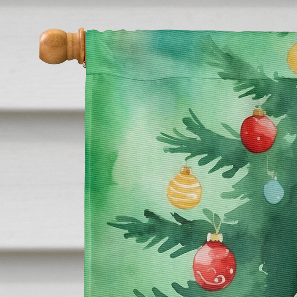 European Shorthair Cat By the Christmas Tree House Flag 28x40 Porch Sleeve Pole Decorative Outside Yard Banner Artwork Wall Hanging, Polyester