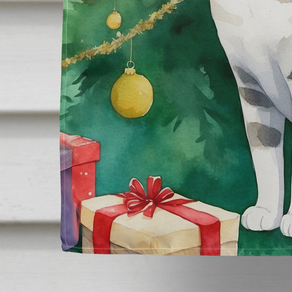 European Shorthair Cat By the Christmas Tree House Flag 28x40 Porch Sleeve Pole Decorative Outside Yard Banner Artwork Wall Hanging, Polyester