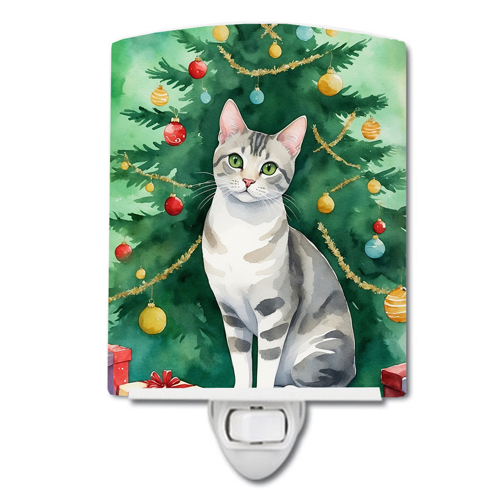 European Shorthair Cat By the Christmas Tree Ceramic Night Light Compact, UL-Certified, Ideal for Bedroom, Bathroom, Nursery, Hallway, Kitchen, 6x4x3, Multicolor