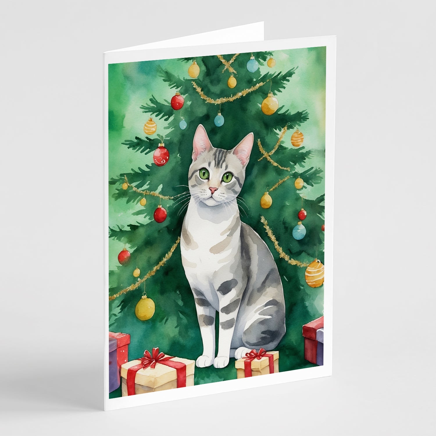 European Shorthair Cat By the Christmas Tree Greeting Cards Pack of 8 Blank Cards with Envelopes Whimsical A7 Size 5x7