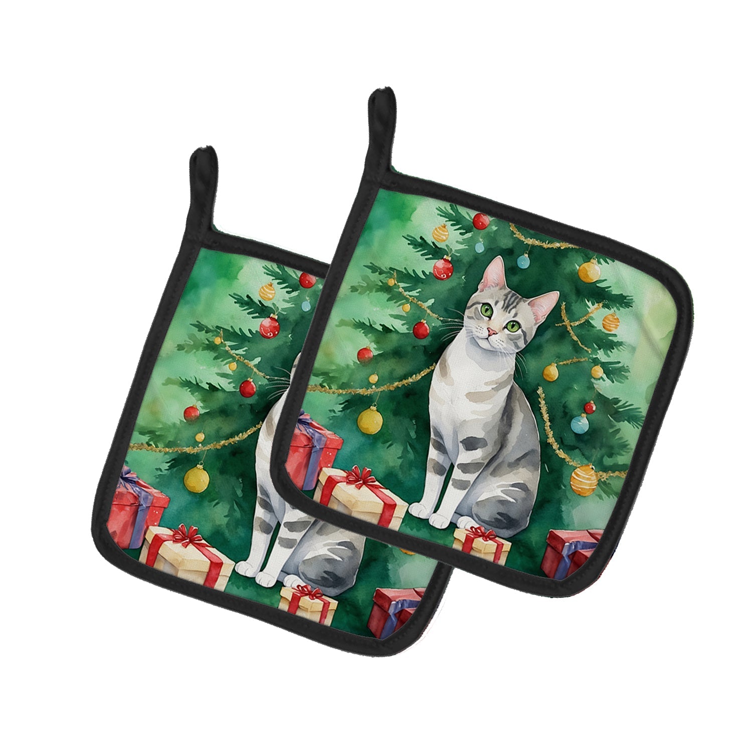European Shorthair Cat By the Christmas Tree Pot Holder Set of 2 Heat Resistant Quilted Hot Pads 7.5 x 7.5 Inch, Insulated Kitchen Trivets for Cooking & Baking