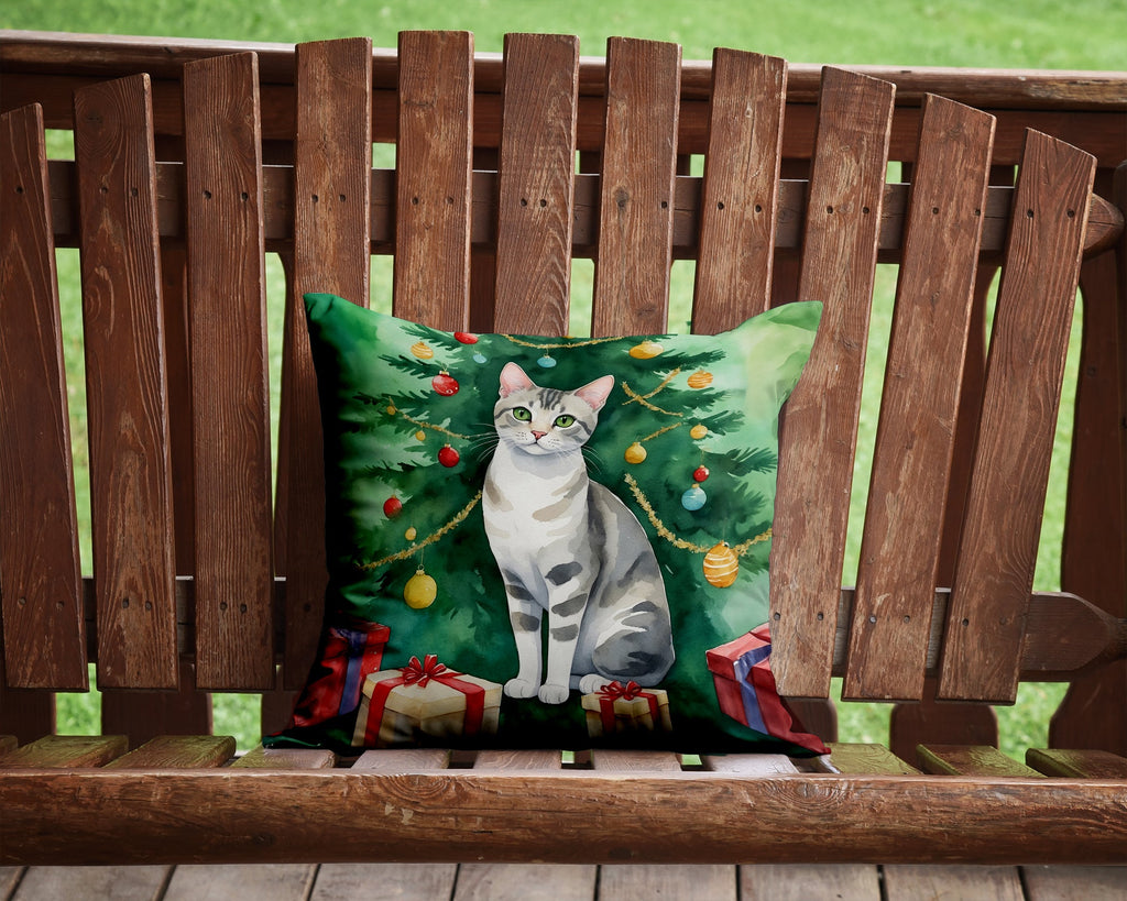 European Shorthair Cat By the Christmas Tree Decorative Throw Pillow 14x14 Indoor Outdoor Accent Cushion, Fabric Cover with Insert for Sofa, Bed, Porch & Living Room