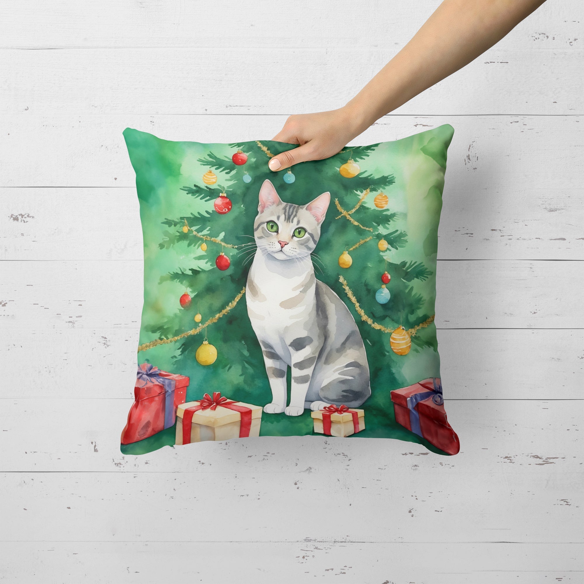 European Shorthair Cat By the Christmas Tree Decorative Throw Pillow 18x18 Indoor Outdoor Accent Cushion, Fabric Cover with Insert for Sofa, Bed, Porch & Living Room