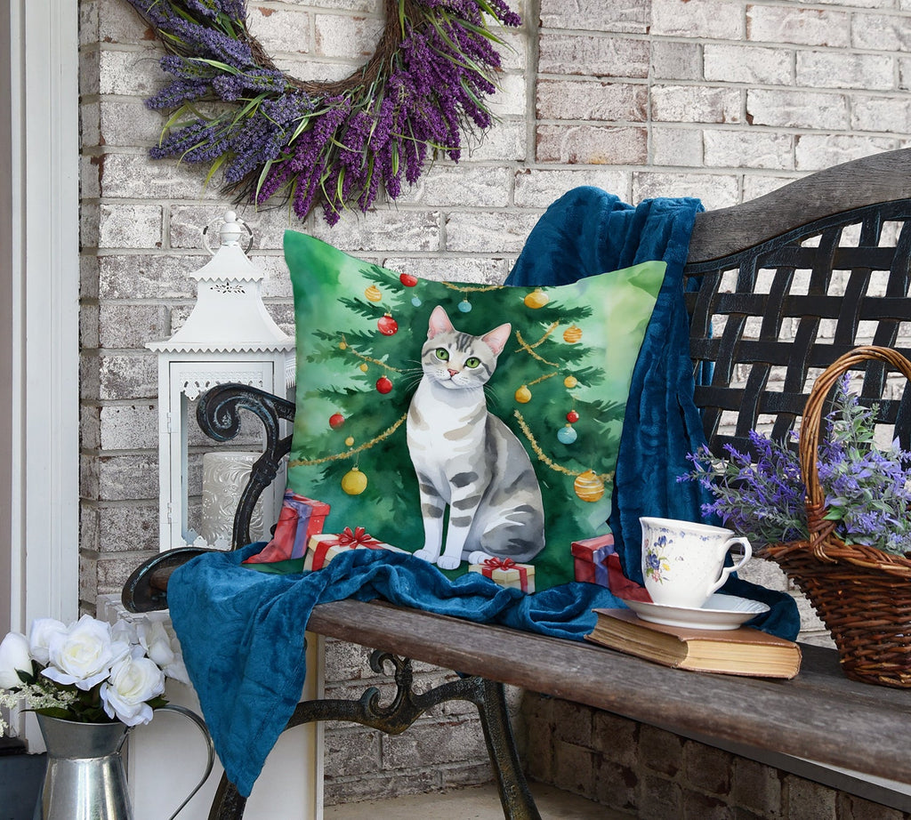 European Shorthair Cat By the Christmas Tree Decorative Throw Pillow 18x18 Indoor Outdoor Accent Cushion, Fabric Cover with Insert for Sofa, Bed, Porch & Living Room