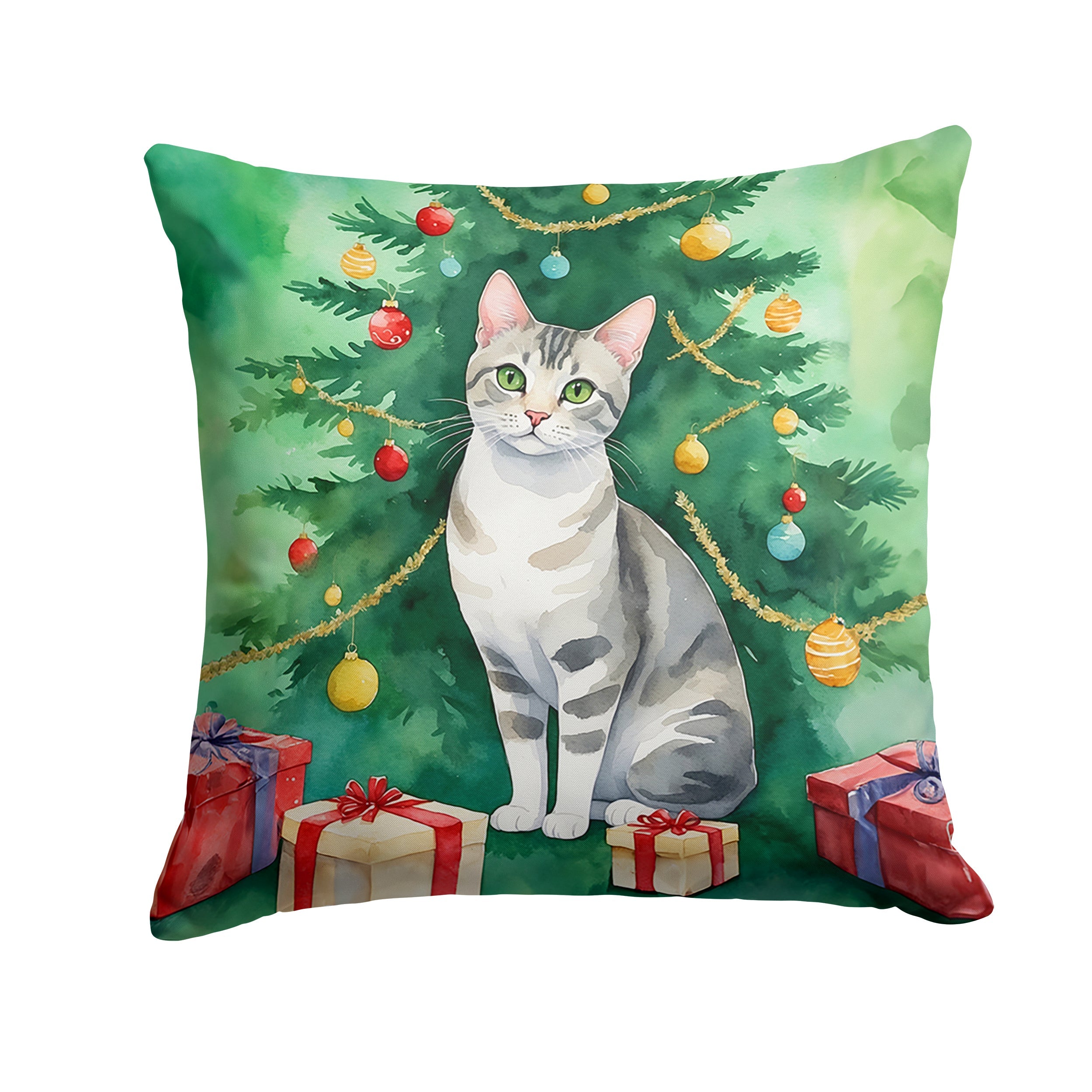 European Shorthair Cat By the Christmas Tree Decorative Throw Pillow 18x18 Indoor Outdoor Accent Cushion, Fabric Cover with Insert for Sofa, Bed, Porch & Living Room