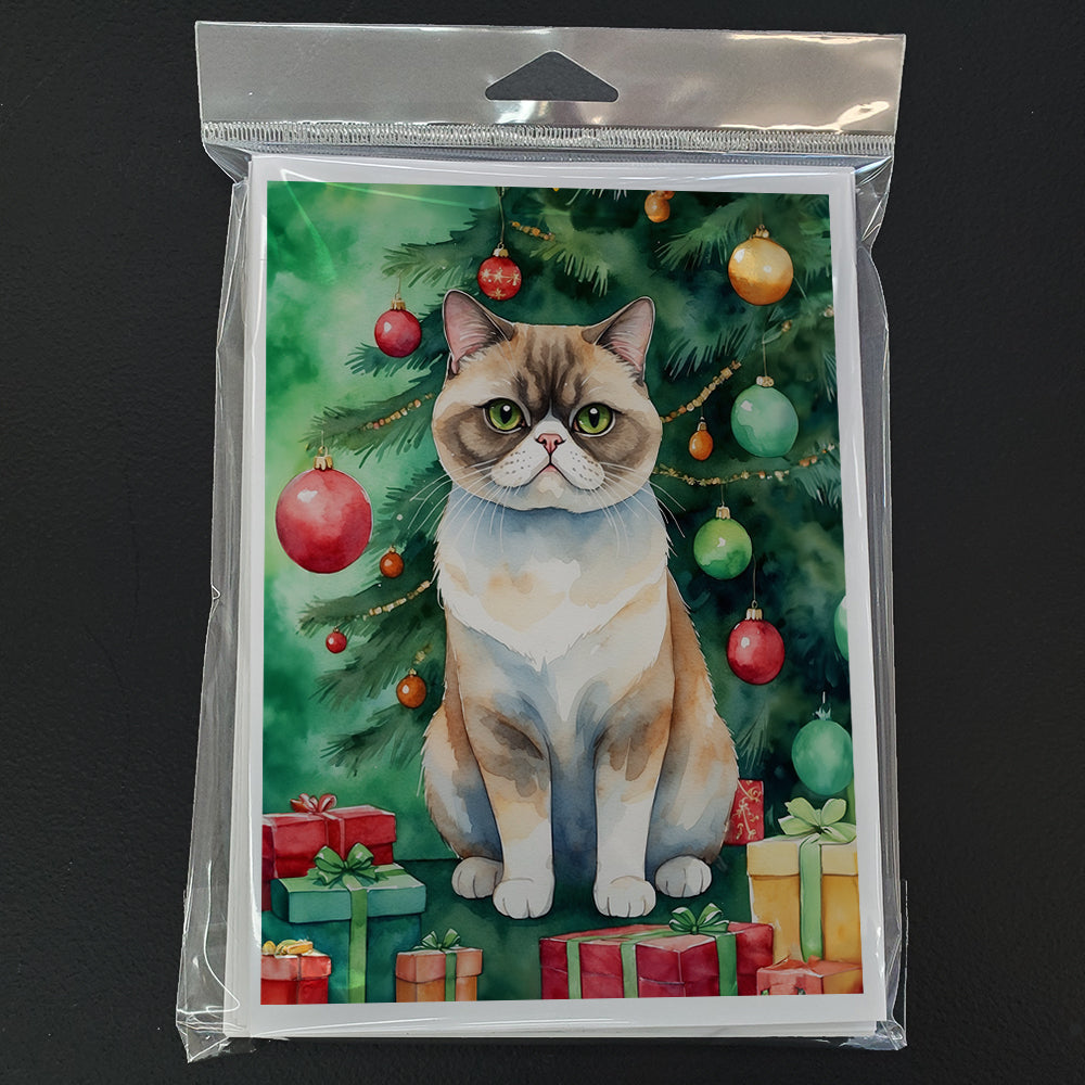 Exotic Shorthair Cat By the Christmas Tree Greeting Cards Pack of 8 Blank Cards with Envelopes Whimsical A7 Size 5x7