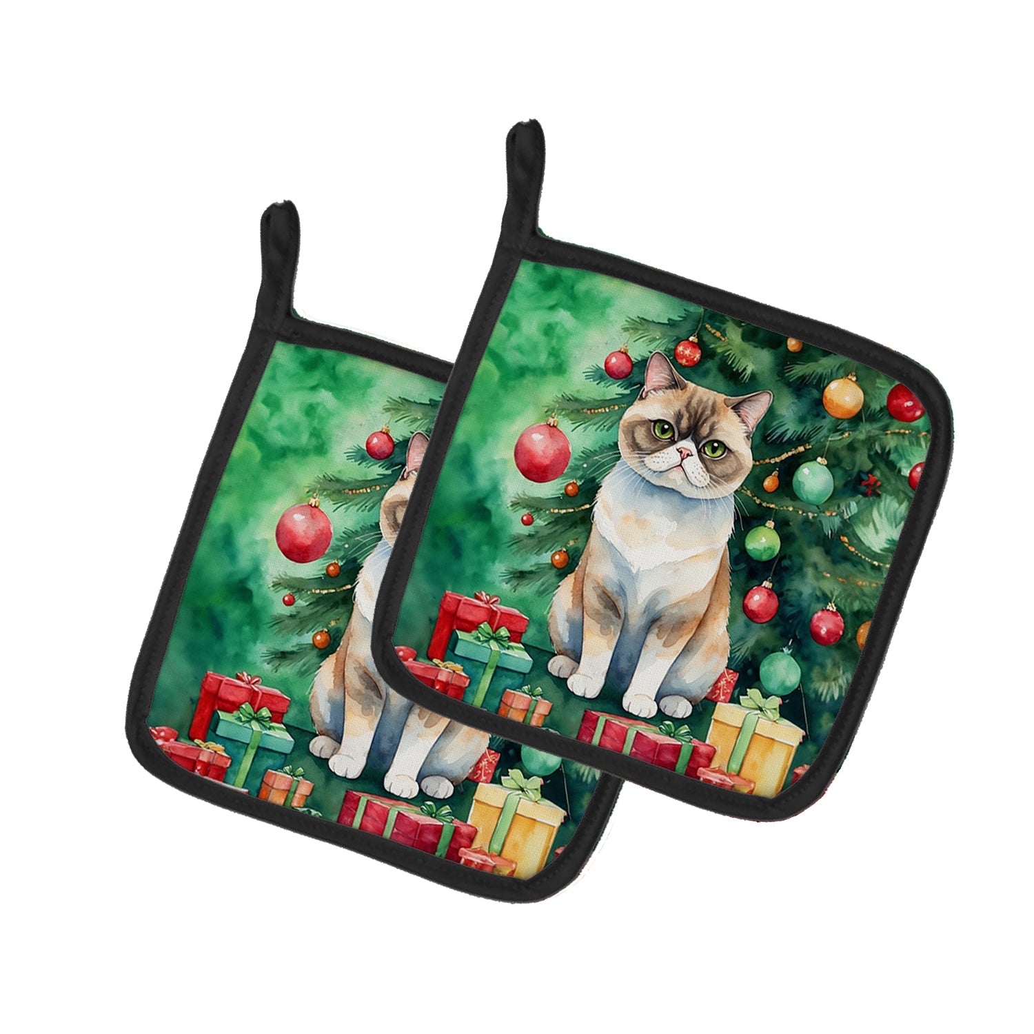 Exotic Shorthair Cat By the Christmas Tree Pot Holder Set of 2 Heat Resistant Quilted Hot Pads 7.5 x 7.5 Inch, Insulated Kitchen Trivets for Cooking & Baking