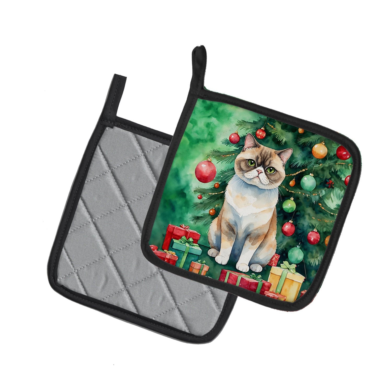 Exotic Shorthair Cat By the Christmas Tree Pot Holder Set of 2 Heat Resistant Quilted Hot Pads 7.5 x 7.5 Inch, Insulated Kitchen Trivets for Cooking & Baking