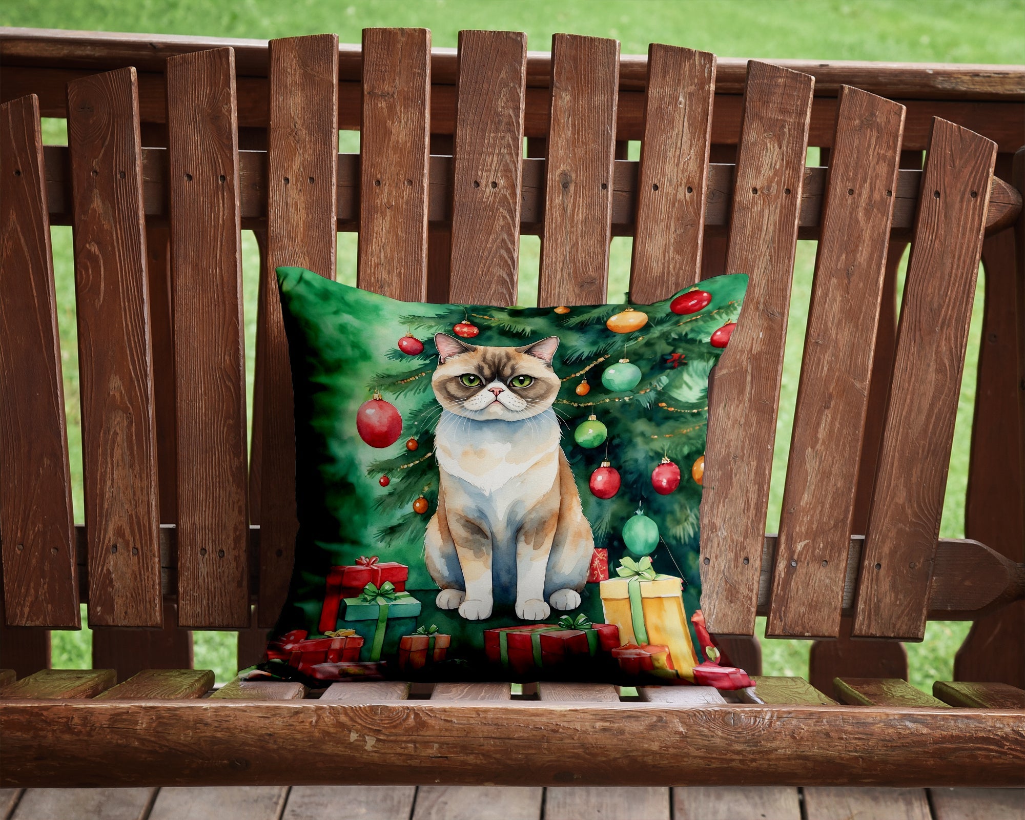 Exotic Shorthair Cat By the Christmas Tree Decorative Throw Pillow 14x14 Indoor Outdoor Accent Cushion, Fabric Cover with Insert for Sofa, Bed, Porch & Living Room