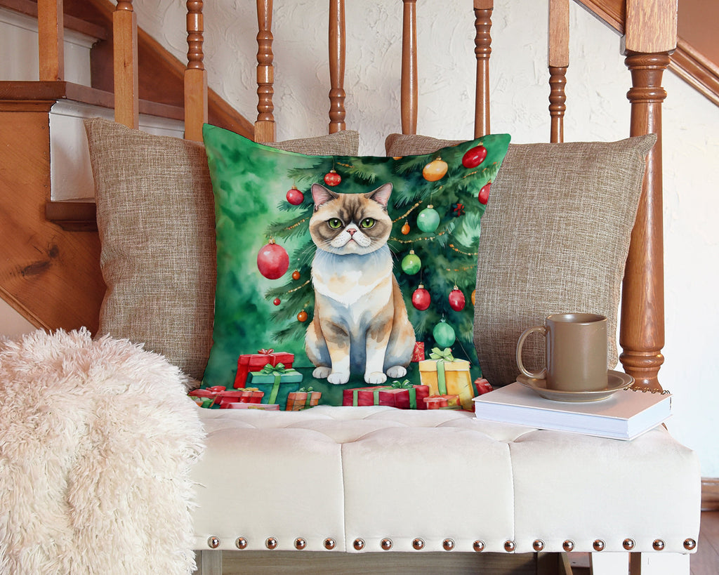 Exotic Shorthair Cat By the Christmas Tree Decorative Throw Pillow 14x14 Indoor Outdoor Accent Cushion, Fabric Cover with Insert for Sofa, Bed, Porch & Living Room
