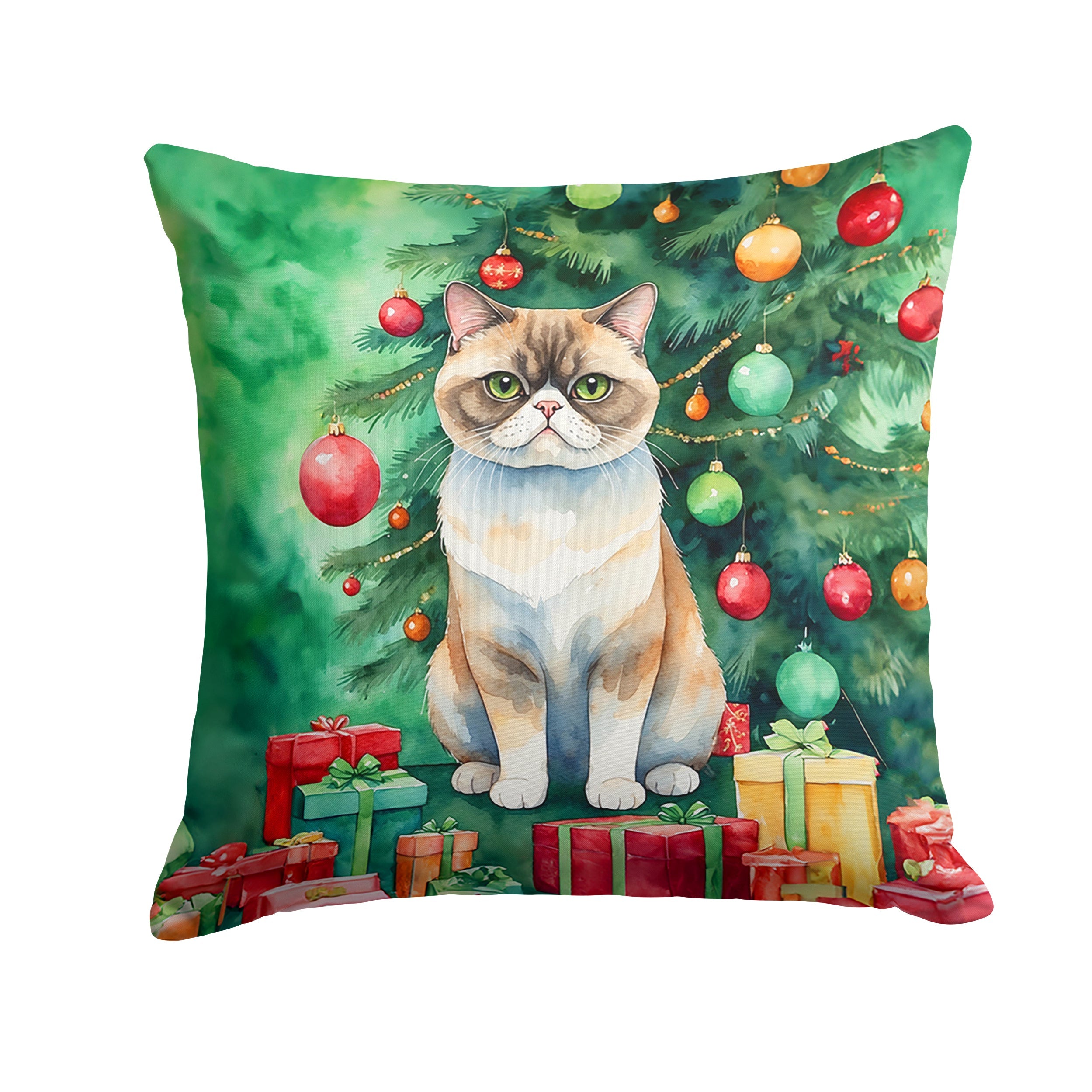 Exotic Shorthair Cat By the Christmas Tree Decorative Throw Pillow 14x14 Indoor Outdoor Accent Cushion, Fabric Cover with Insert for Sofa, Bed, Porch & Living Room