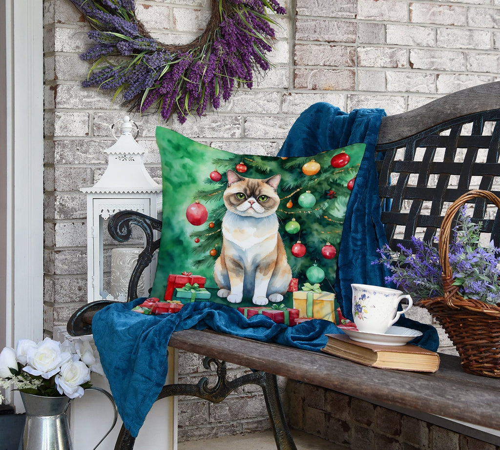 Exotic Shorthair Cat By the Christmas Tree Decorative Throw Pillow 18x18 Indoor Outdoor Accent Cushion, Fabric Cover with Insert for Sofa, Bed, Porch & Living Room