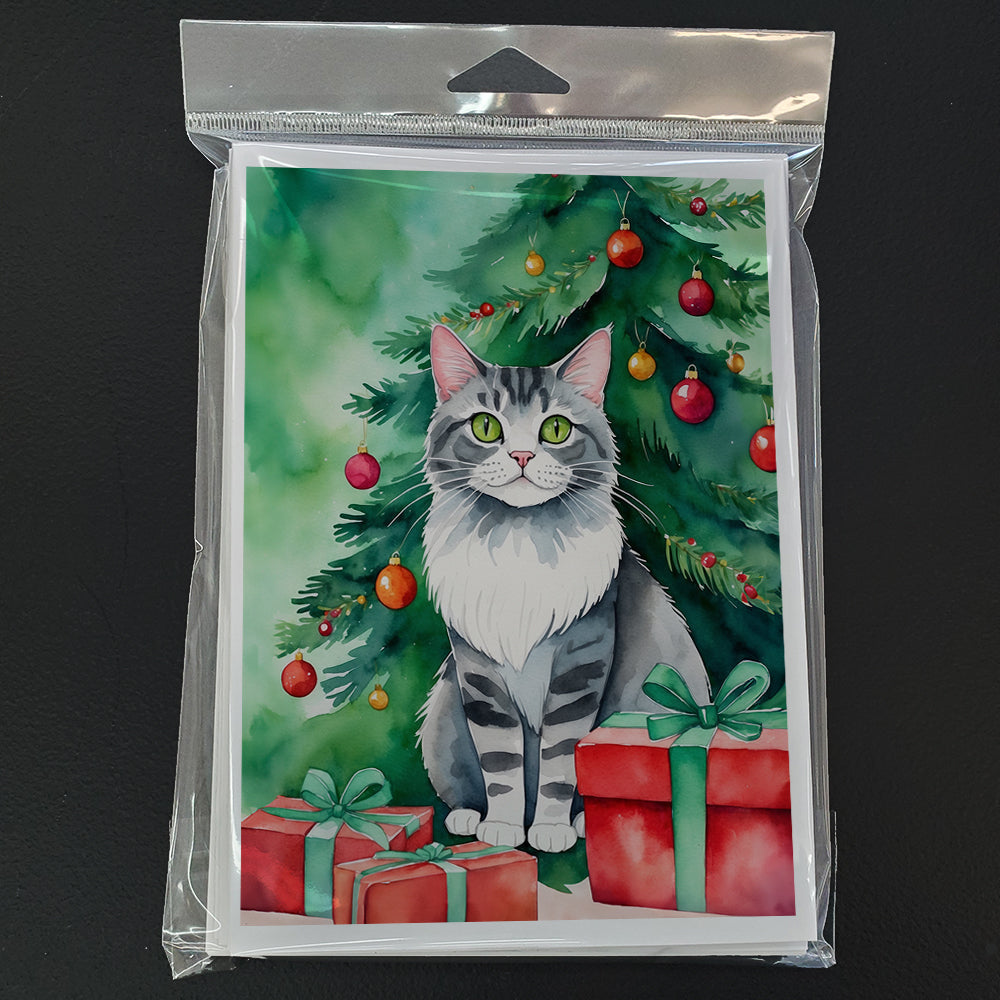 Foldex Exotic Fold Cat By the Christmas Tree Greeting Cards Pack of 8 Blank Cards with Envelopes Whimsical A7 Size 5x7