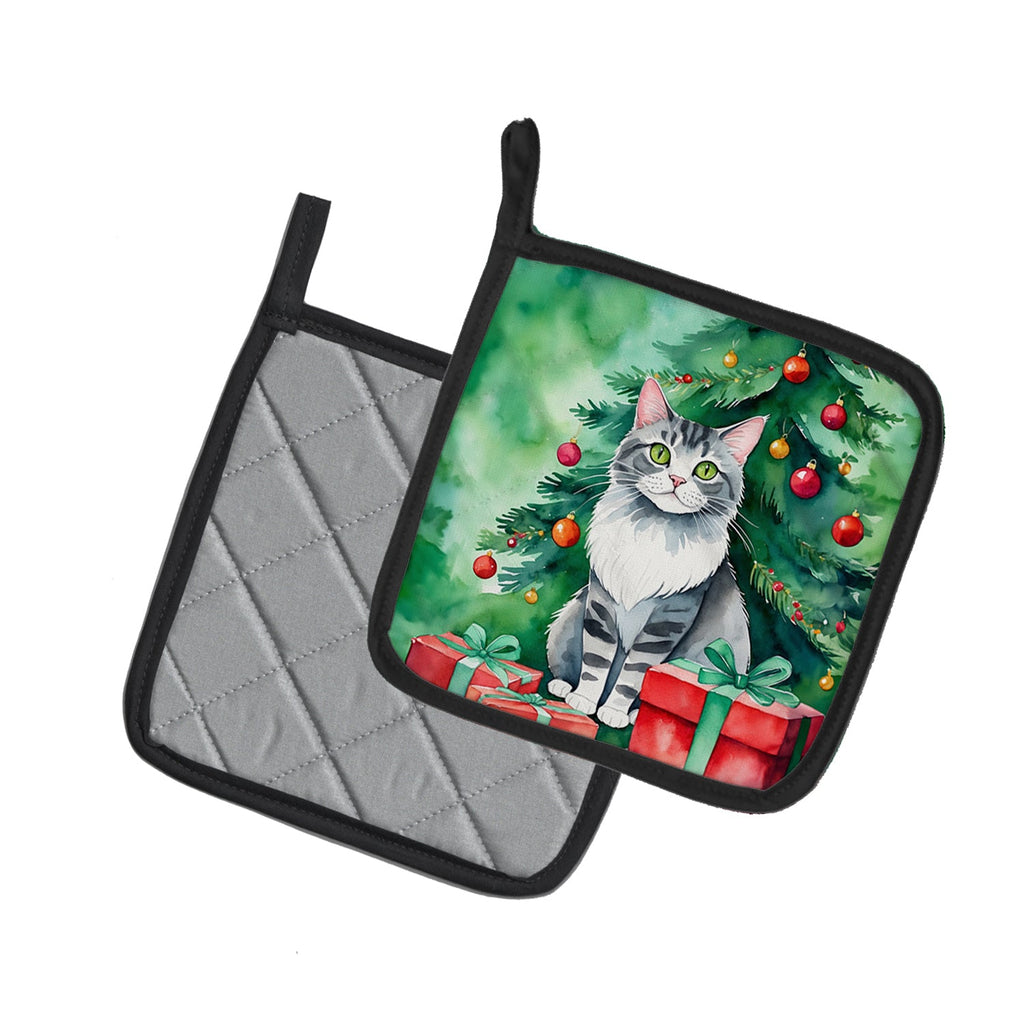 Foldex Exotic Fold Cat By the Christmas Tree Pot Holder Set of 2 Heat Resistant Quilted Hot Pads 7.5 x 7.5 Inch, Insulated Kitchen Trivets for Cooking & Baking