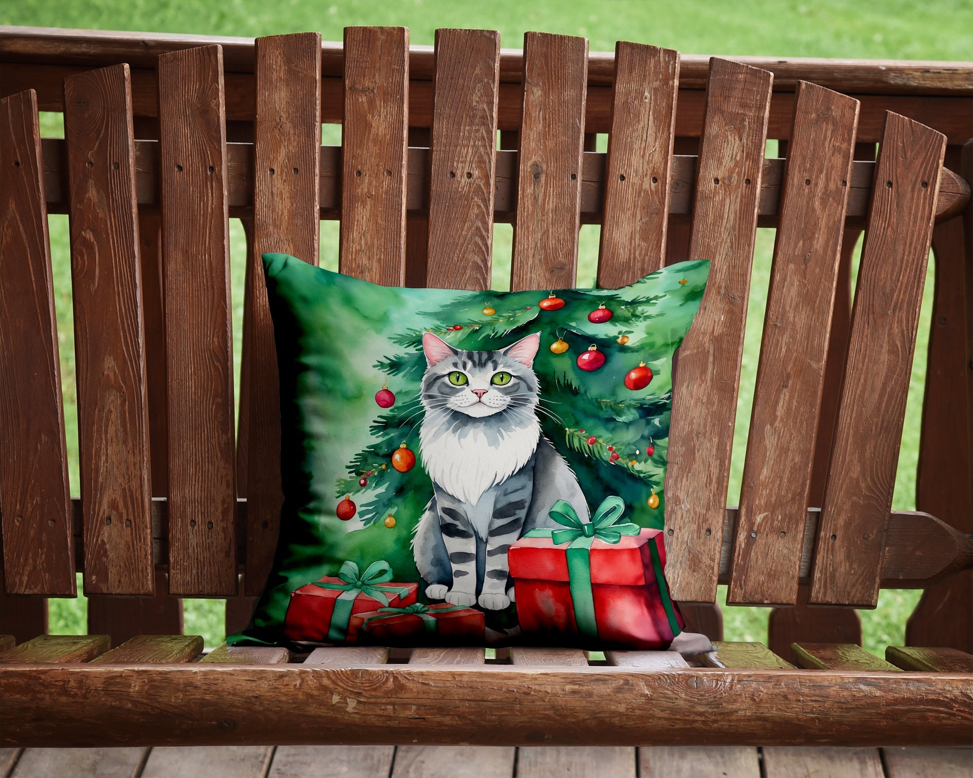 Foldex Exotic Fold Cat By the Christmas Tree Decorative Throw Pillow 14x14 Indoor Outdoor Accent Cushion, Fabric Cover with Insert for Sofa, Bed, Porch & Living Room