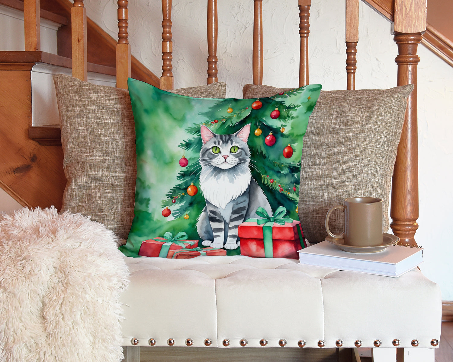 Foldex Exotic Fold Cat By the Christmas Tree Decorative Throw Pillow 14x14 Indoor Outdoor Accent Cushion, Fabric Cover with Insert for Sofa, Bed, Porch & Living Room