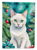 Foreign White Cat By the Christmas Tree House Flag 28x40 Porch Sleeve Pole Decorative Outside Yard Banner Artwork Wall Hanging, Polyester