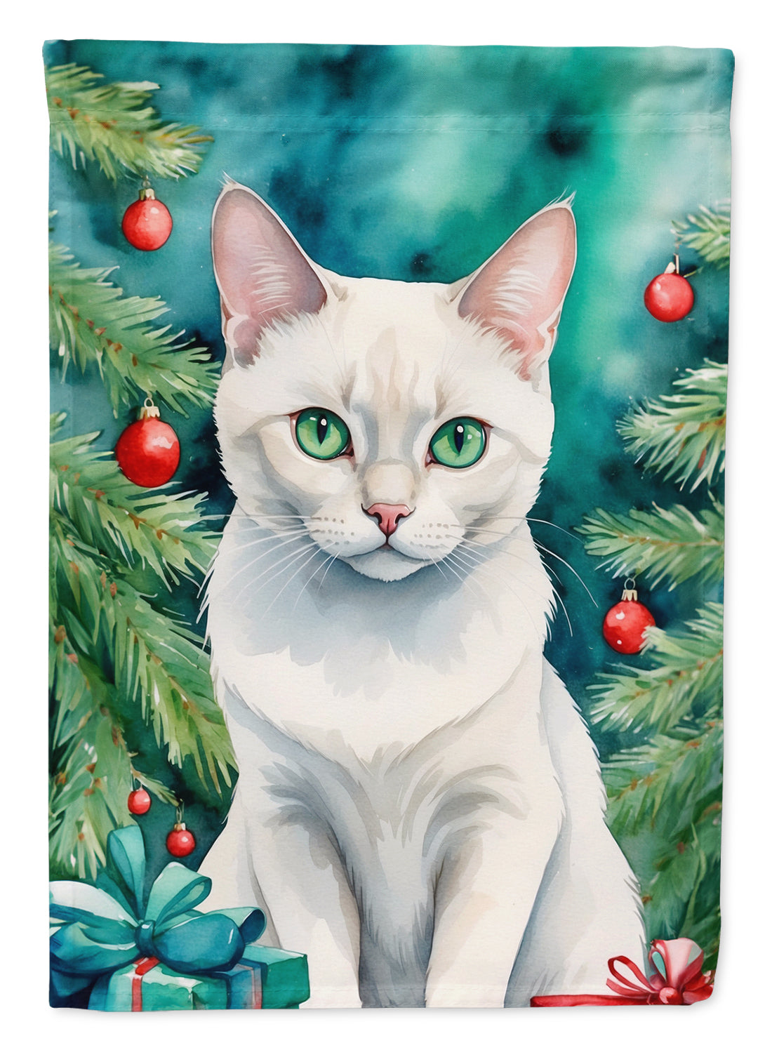 Foreign White Cat By the Christmas Tree House Flag 28x40 Porch Sleeve Pole Decorative Outside Yard Banner Artwork Wall Hanging, Polyester