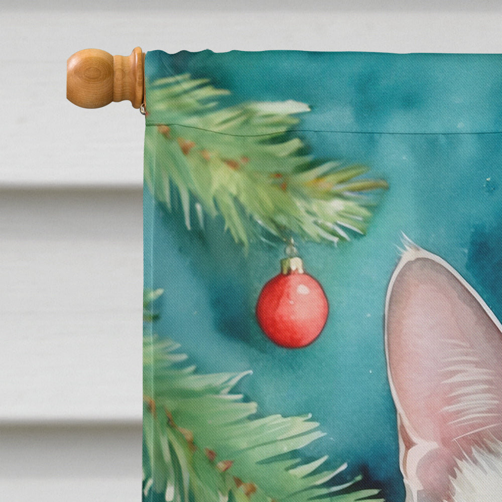 Foreign White Cat By the Christmas Tree House Flag 28x40 Porch Sleeve Pole Decorative Outside Yard Banner Artwork Wall Hanging, Polyester