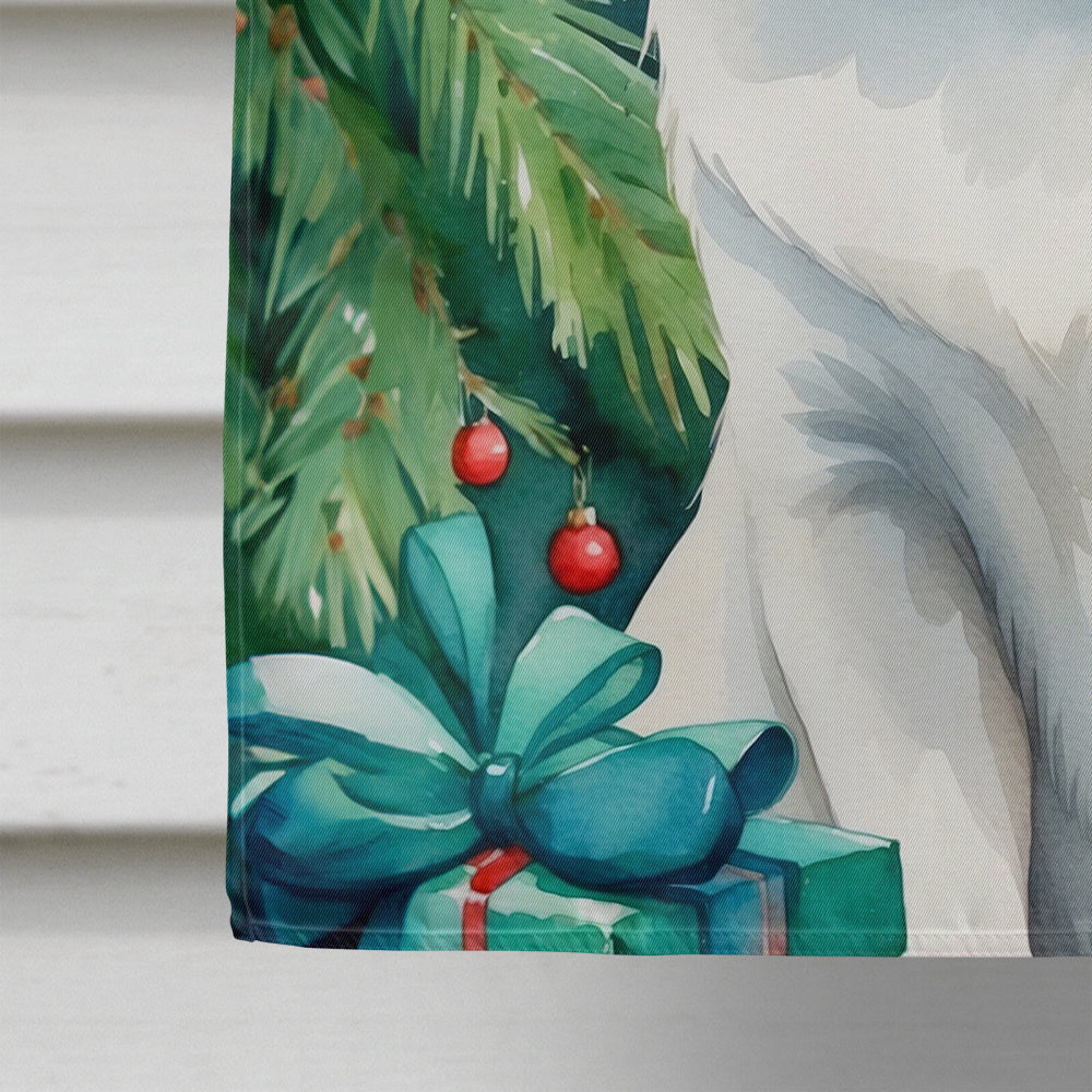 Foreign White Cat By the Christmas Tree House Flag 28x40 Porch Sleeve Pole Decorative Outside Yard Banner Artwork Wall Hanging, Polyester