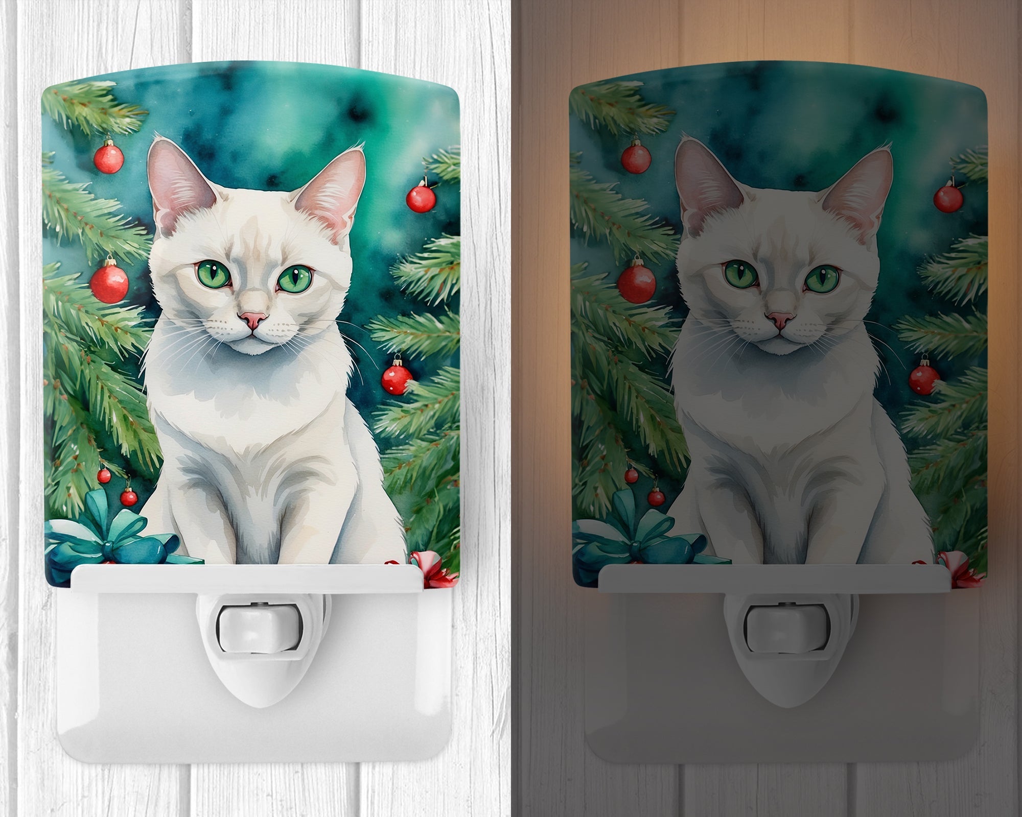 Foreign White Cat By the Christmas Tree Ceramic Night Light Compact, UL-Certified, Ideal for Bedroom, Bathroom, Nursery, Hallway, Kitchen, 6x4x3, Multicolor