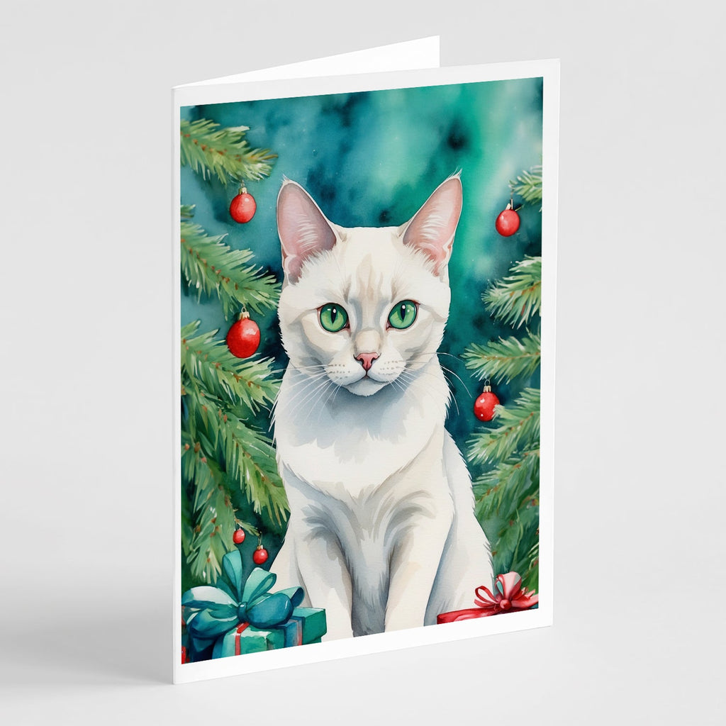 Foreign White Cat By the Christmas Tree Greeting Cards Pack of 8 Blank Cards with Envelopes Whimsical A7 Size 5x7