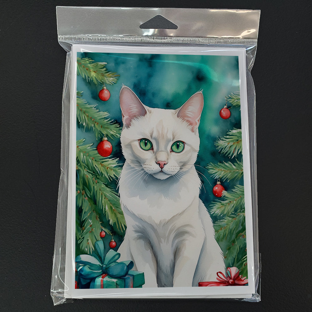 Foreign White Cat By the Christmas Tree Greeting Cards Pack of 8 Blank Cards with Envelopes Whimsical A7 Size 5x7