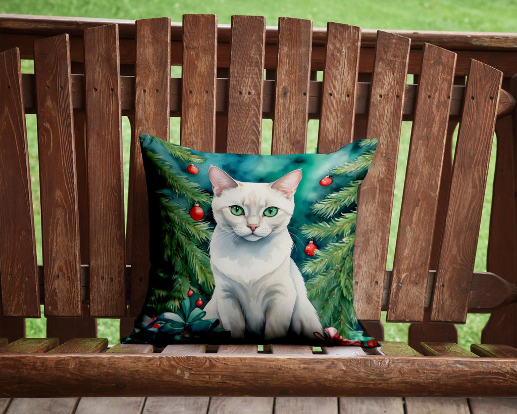 Foreign White Cat By the Christmas Tree Decorative Throw Pillow 14x14 Indoor Outdoor Accent Cushion, Fabric Cover with Insert for Sofa, Bed, Porch & Living Room