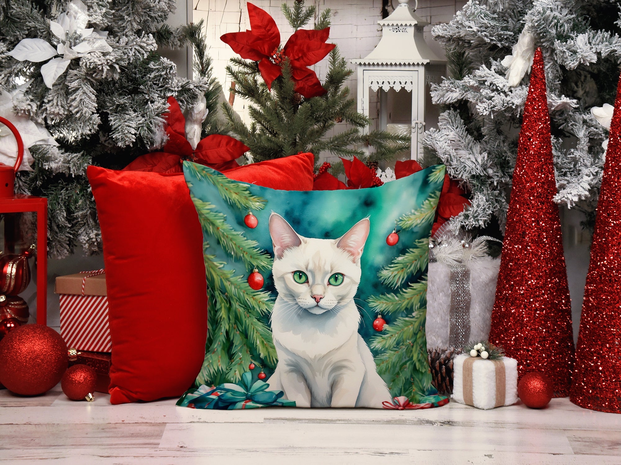 Foreign White Cat By the Christmas Tree Decorative Throw Pillow 18x18 Indoor Outdoor Accent Cushion, Fabric Cover with Insert for Sofa, Bed, Porch & Living Room