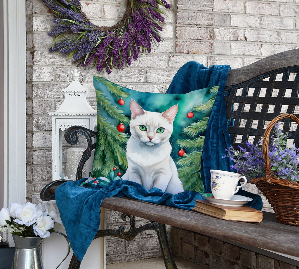 Foreign White Cat By the Christmas Tree Decorative Throw Pillow 18x18 Indoor Outdoor Accent Cushion, Fabric Cover with Insert for Sofa, Bed, Porch & Living Room