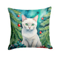 Foreign White Cat By the Christmas Tree Decorative Throw Pillow 18x18 Indoor Outdoor Accent Cushion, Fabric Cover with Insert for Sofa, Bed, Porch & Living Room