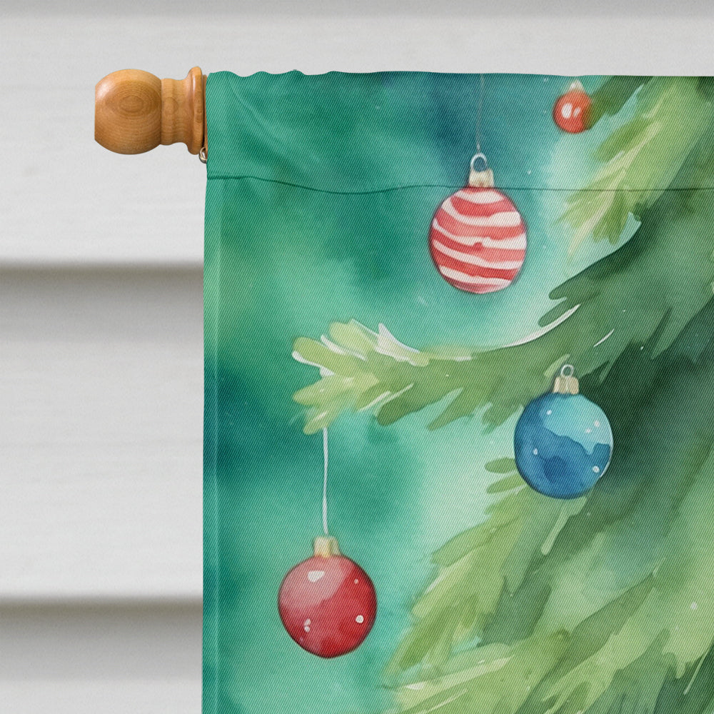 German Rex Cat By the Christmas Tree House Flag 28x40 Porch Sleeve Pole Decorative Outside Yard Banner Artwork Wall Hanging, Polyester