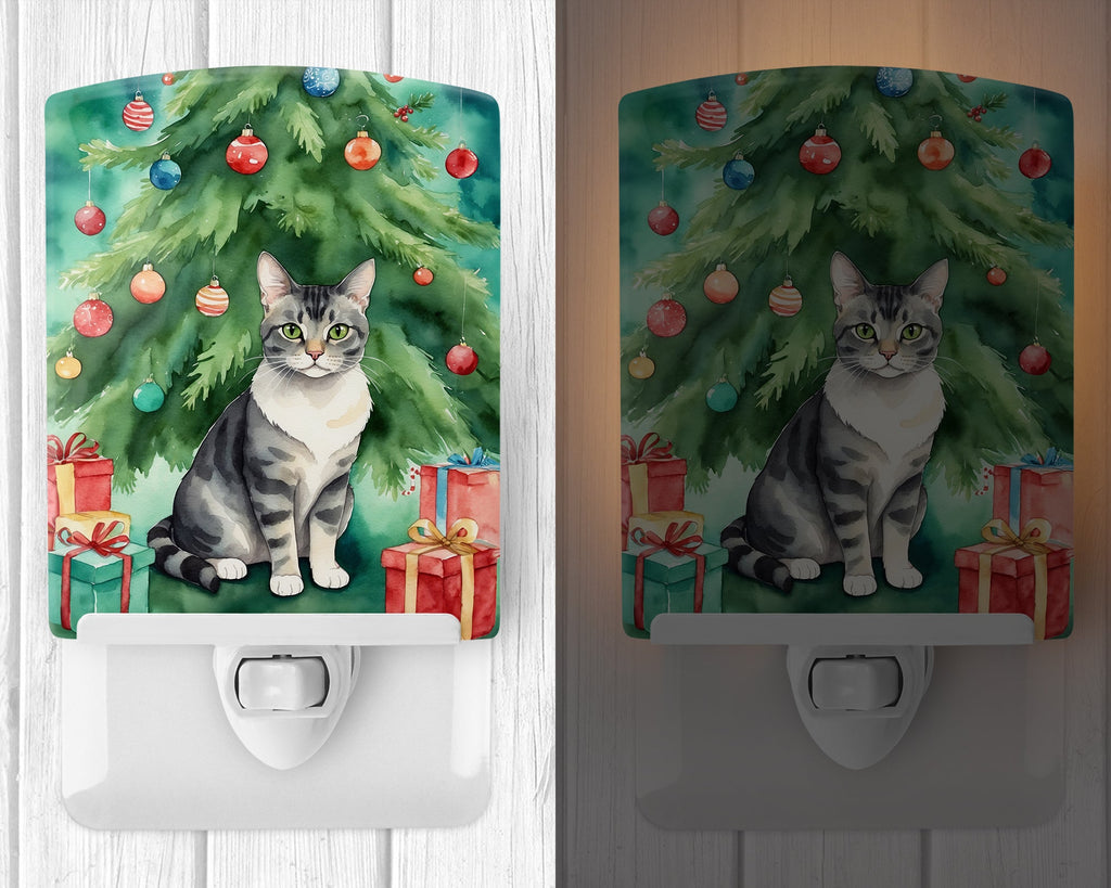 German Rex Cat By the Christmas Tree Ceramic Night Light Compact, UL-Certified, Ideal for Bedroom, Bathroom, Nursery, Hallway, Kitchen, 6x4x3, Multicolor