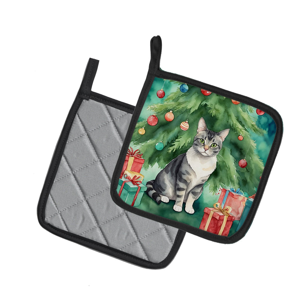 German Rex Cat By the Christmas Tree Pot Holder Set of 2 Heat Resistant Quilted Hot Pads 7.5 x 7.5 Inch, Insulated Kitchen Trivets for Cooking & Baking