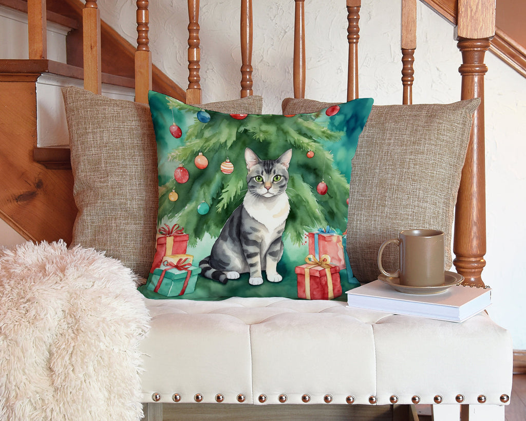 German Rex Cat By the Christmas Tree Decorative Throw Pillow 14x14 Indoor Outdoor Accent Cushion, Fabric Cover with Insert for Sofa, Bed, Porch & Living Room