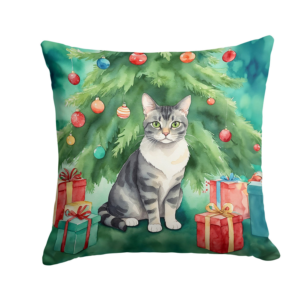 German Rex Cat By the Christmas Tree Decorative Throw Pillow 14x14 Indoor Outdoor Accent Cushion, Fabric Cover with Insert for Sofa, Bed, Porch & Living Room