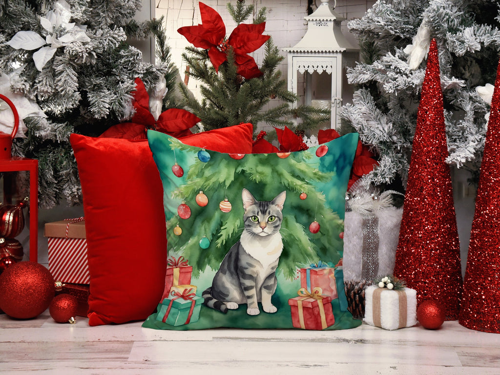 German Rex Cat By the Christmas Tree Decorative Throw Pillow 18x18 Indoor Outdoor Accent Cushion, Fabric Cover with Insert for Sofa, Bed, Porch & Living Room