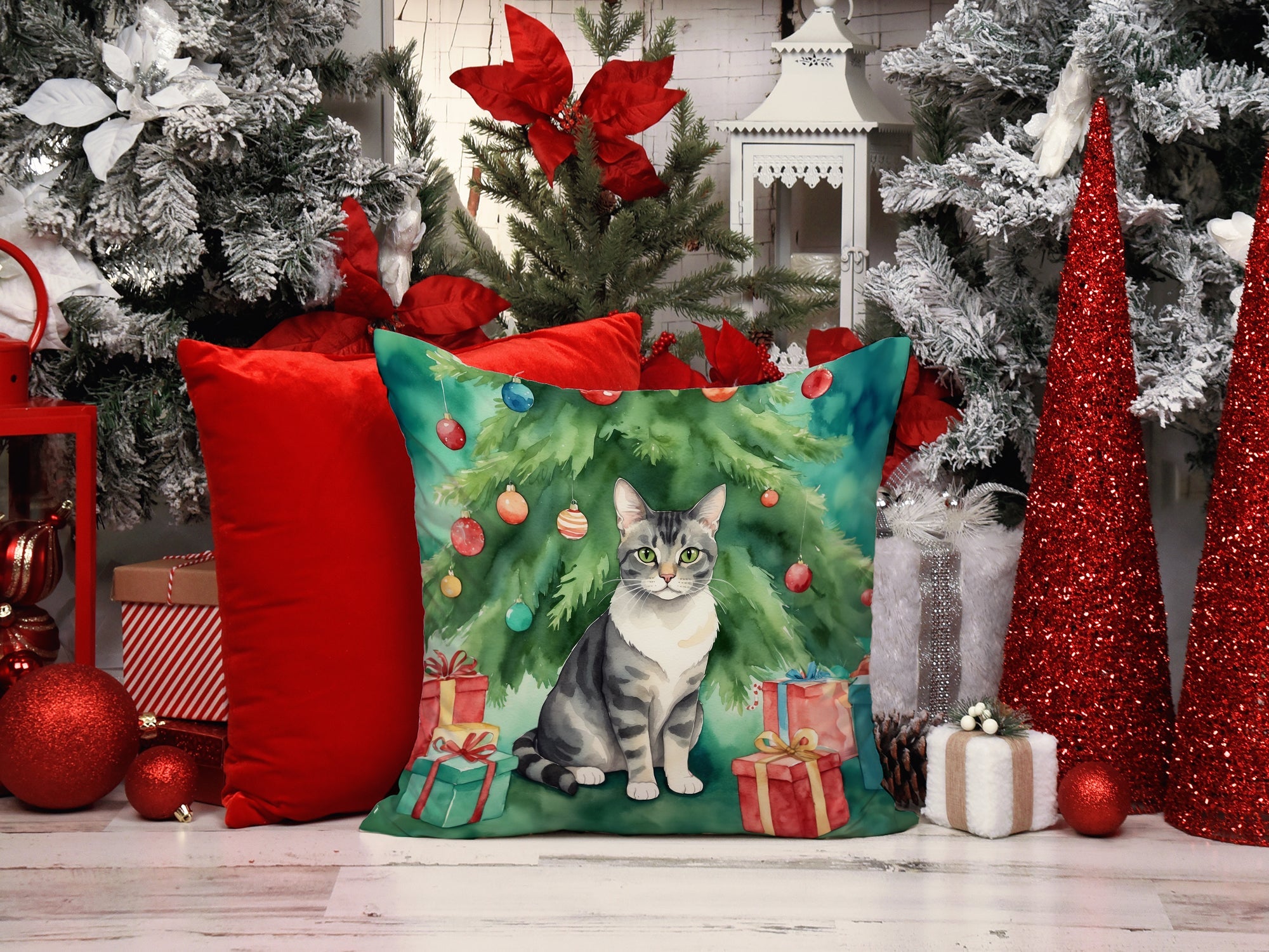 German Rex Cat By the Christmas Tree Decorative Throw Pillow 18x18 Indoor Outdoor Accent Cushion, Fabric Cover with Insert for Sofa, Bed, Porch & Living Room