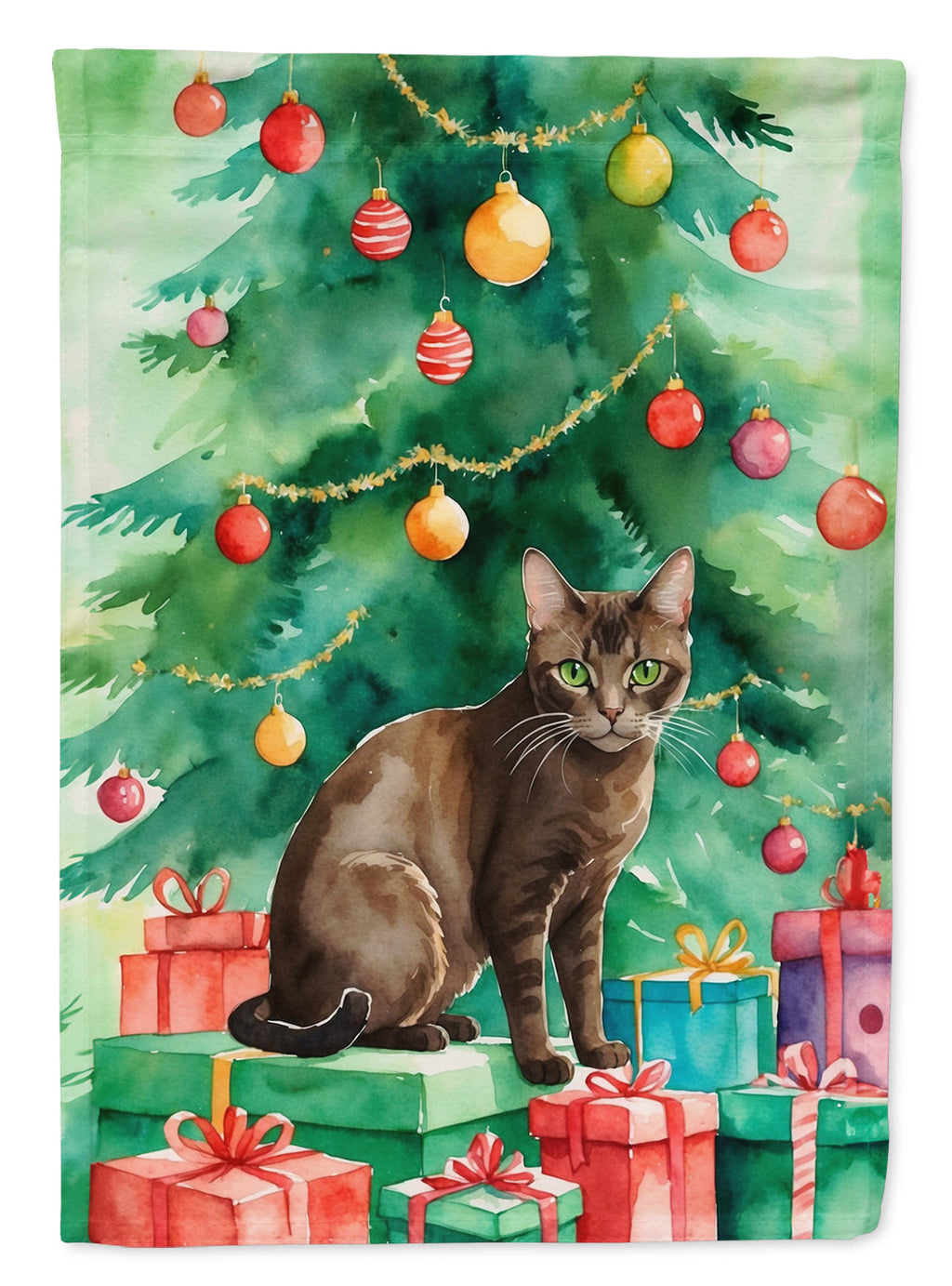 Havana Brown Cat By the Christmas Tree House Flag 28x40 Porch Sleeve Pole Decorative Outside Yard Banner Artwork Wall Hanging, Polyester