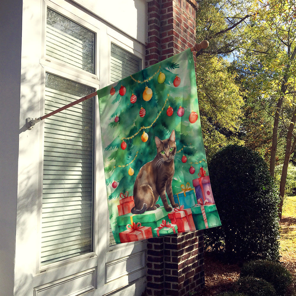 Havana Brown Cat By the Christmas Tree House Flag 28x40 Porch Sleeve Pole Decorative Outside Yard Banner Artwork Wall Hanging, Polyester