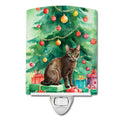 Havana Brown Cat By the Christmas Tree Ceramic Night Light Compact, UL-Certified, Ideal for Bedroom, Bathroom, Nursery, Hallway, Kitchen, 6x4x3, Multicolor