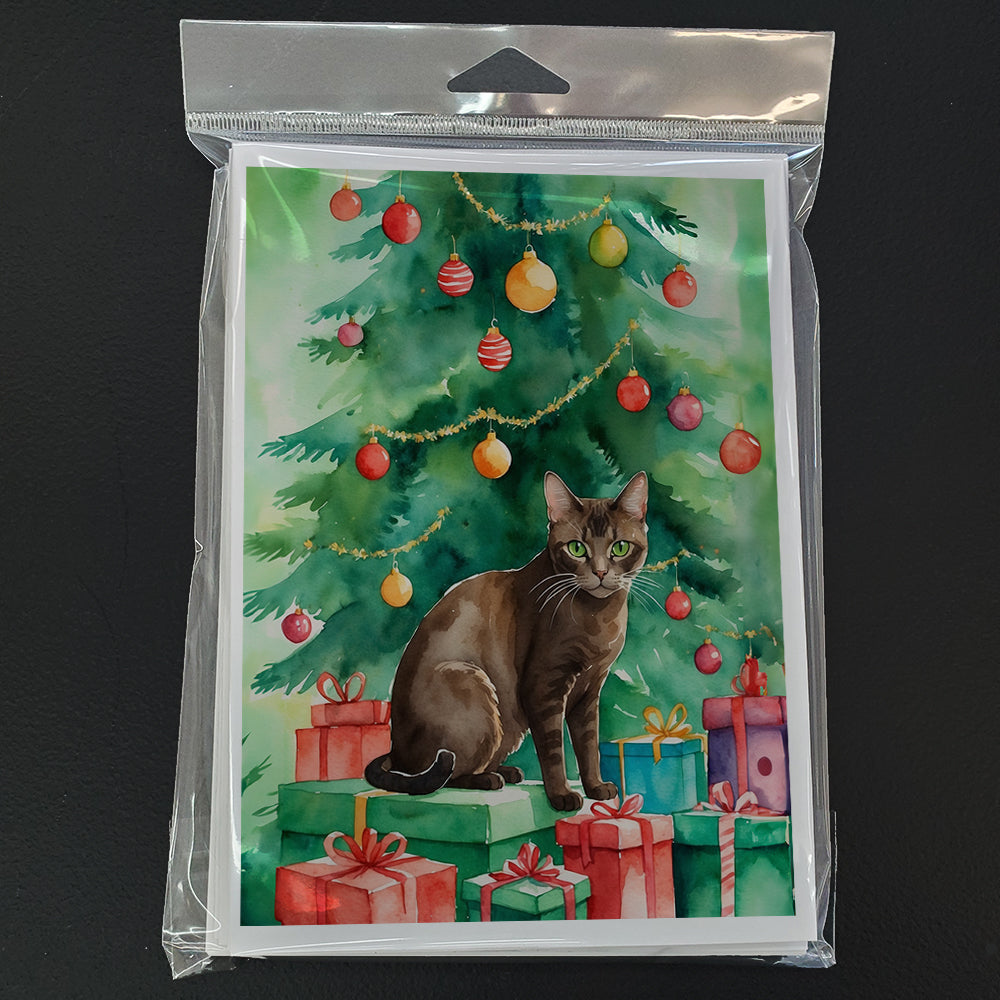 Havana Brown Cat By the Christmas Tree Greeting Cards Pack of 8 Blank Cards with Envelopes Whimsical A7 Size 5x7
